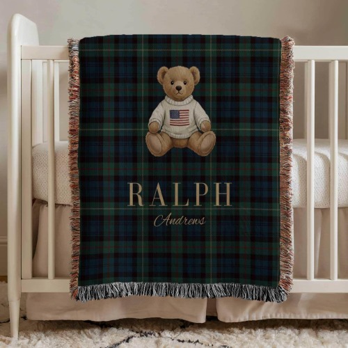 Custom Teddy Bear Blanket, Personalized Polo Bear, Preppy Tartan Plaid Throw, Vintage Baby Boy Nursery Decor, Luxury Baby Shower Gift