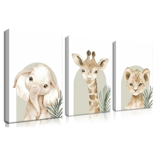August Grove® Wall Decor Set Of 3, Cute Animal Lion Elephant Baby Pictures Poster Prints, Giraffe Jungle Canvas Wall Art Woodland Nursery Decor For Room Decoration 12X16 Inch Framed | Wayfair