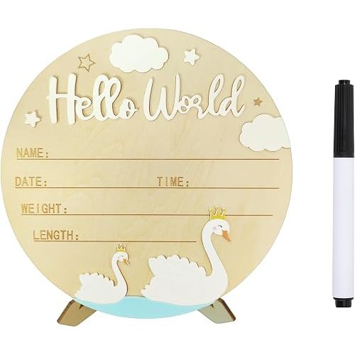 Baby Announcement Sign, ​5.9 Inch Wooden Hello World Newborn Signs, Birth Announcement Sign, Clouds Swan Lake Decoration, Welcome Newborn Arrival To World, Hospital Nursery for Baby (White)