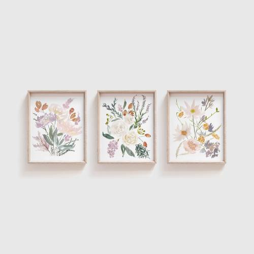 Set of 3 Floral Watercolor Prints - Botanical Wildflower Wall Art for Bedroom or Nursery - Cottagecore Wall Decor - Pastel Flower Paintings