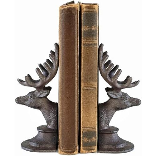Decorative Bookend Deer Head Antler Book Ends Heavy Duty Cast Iron Vintage Shelf Decor, Antique Brown
