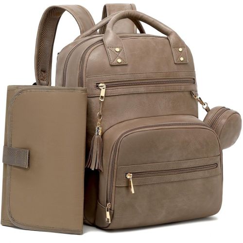 Itopfox Vegan Leather Diaper Backpack with Waterproof Changing Pad, 20 Pockets, Fits 15.6" Laptop, Stroller Straps, Taupe