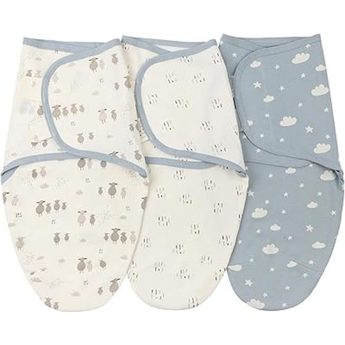 Insular Baby Swaddle Wrap, Swaddle Blanket for Newborn and Infant, Adjustable Hook and Loop Set for Boy and Girl, Soft Cotton Baby Sleep Sack 3 Pack, Sheep&Cloud, Medium(3-6 Month)