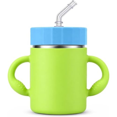 12oz Insulated Kids Water Bottle, Stainless Steel Sippy Cup with Straw & Handles, Spill-Resistant Kid Cup, Silicone Sleeve for Anti-Drop Protection, Great for Travel - Green