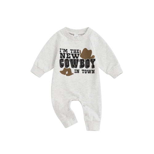 Suealasg Western Baby Boys Footie Jumpsuit Long Sleeve Round Neck Letter Print Full Length Jumpsuit 0 3 6 12 Months Infant Boys Fall Winter Clothes