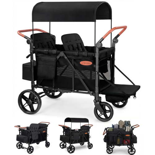 Vomeast Upgrade Wagon Stroller for 4 Kids, 4-Seater Outdoor Baby Stroller Wagon with Canopy, 5-Point Harness, Adjustable Handle(Black)