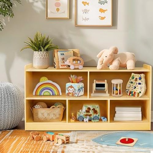 Montessori Shelf, Wooden Toy Storage Organizer for Books Toys, 2 Shelf Bookcase, 5-Section Storage Cabinet, Toddler Book Shelf for Kids Rooms, Playroom, Nursery, Kindergarten (Natural)