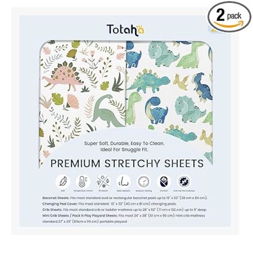 TotAha Premium Soft Dinosaur Changing Pad Cover, Stretchy Jersey Knit Changing Table Cover, Ultra Breathable Diaper Changing Pad Cover for Baby Girls Boys, 2 Pack