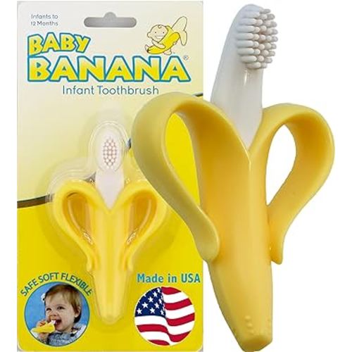 The Original Baby Banana Toothbrush Training Teether Toy, for Babies Infants Toddlers; Teething Relief for Sore Gums, Massaging Soothing; Safest Food Grade Silicone; USA Family-Owned Business