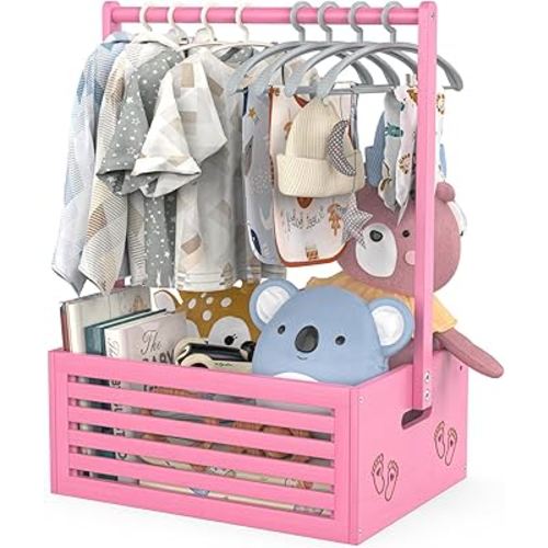 BAMBOOHOMIE Baby Shower Crate Closet, Baby Baskets with Hangers Handle, Baby Crate Box for Baby Shower, Welcome Gift Basket for Newborn Baby, Pregnancy Gift for New Parents (Pink, Large Size)
