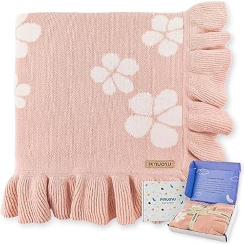 Cotton Knit Baby Blanket with Ruffle Edge – Soft Baby Girl Blanket, Receiving Blanket for Newborn, Stroller & Crib Blanket, Newborn Shower Gift (Pink)