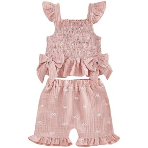 Toddler Baby Girl Outfit Summer Clothes Bow Print Bowknot Smocked Camisole Tank Top Ruffle Shorts Set