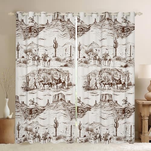 Western Cowboy Window Curtain Brown Sketch Desert Wild Horse Curtains for Kids Boys Men Girls Living Room Rustic Farmhouse Window Treatment Curtain Animals Window Drapes,Top 2 Panel,42Wx84L