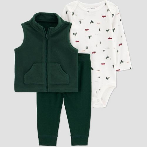 Carter's Just One You® Baby Boys' 3pc Long Sleeve Mountain Faux Shearling Vest with Bodysuit and Pull-On Pants Set - Green