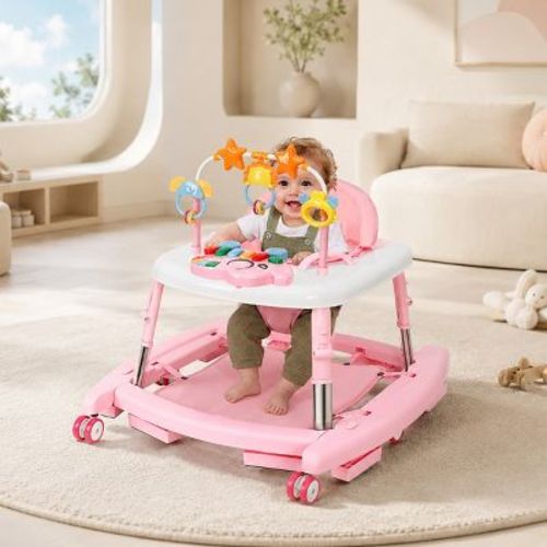 Kmaier 5-in-1 Foldable Baby Walker with Wheels, Music and Lights, 5 Adjustable Heights,Pink