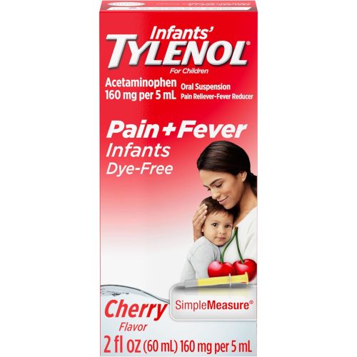 Infants' Tylenol Liquid Pain Reliever and Fever Reducer Medicine, Acetaminophen Oral Suspension for Sore Throat, Headache & Teething, Kids Fever Reducer; Dye-Free Cherry Flavor, 2 fl oz, Pack of 1