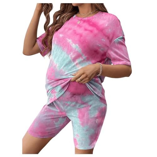 MakeMeChic Women's Maternity 2 Piece Outfit Tie Dye Pajamas Set Short Sleeve Tee Shirt and Biker Shorts Pregnancy Lounge Set