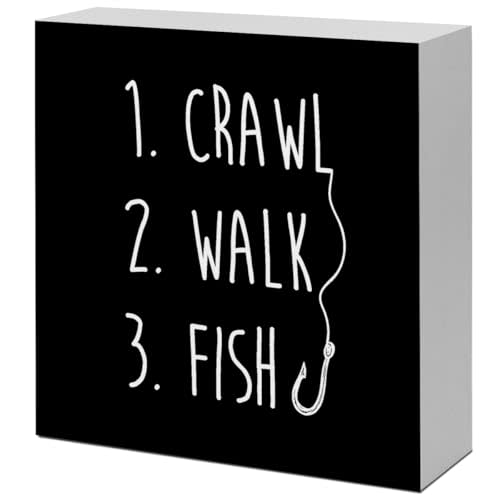 Black Crawl Walk Fish Rustic Wooden Sign, Funny Baby Fishing Wood Block Desk Decor for Home Bedroom Baby Room Shelf Table