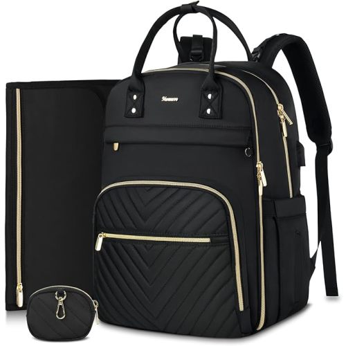 Diaper Bag Backpack, Quilted Baby Bag with Changing Pad and Stroller Straps, Dark Black