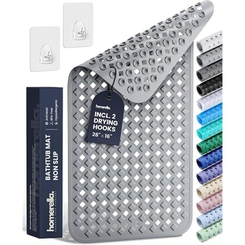 Bathtub Mat Non Slip 28x16 - homerella® Bath Mat Incl. Hooks for Drying, 100% BPA Free, Shower Mat Non Slip Anti Mold, Machine Washable, Shower Mats for Inside Shower Mildew Resistant (Grey)