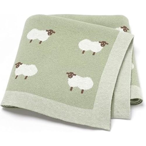 Hadetoto 100% Cotton Baby Blanket Knit Soft Cozy Swaddle Receiving Blankets Toddler Infant Blanket with Lovely Sheeps for Newborn Boy Girls - Light Green, 90 x 70cm