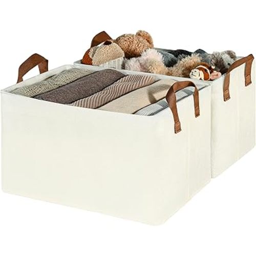 GRANNY SAYS Closet Storage Baskets, Collapsible Fabric Storage Bins with Metal Frame, Clothes Organizer Bins, Large Baskets for Shelves, Ivory, 4-Pack