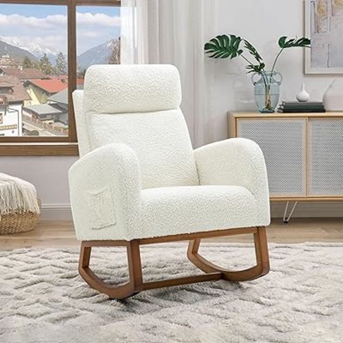 Nursery Rocking Glider Chair, Modern Fabric Tall Back Accent Rocker Chair Upholstered Arm Chair w/Side Pockets, Modern Leisure Single Sofa for Living Room, Hotel, Bedroom, Office, Cream