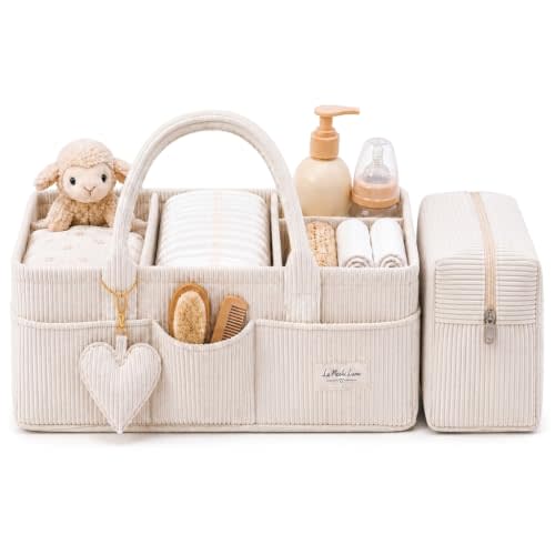Baby Diaper Caddy Organizer with Matching Zipper Pouch, Soft Corduroy Diaper Storage Basket, Nursery Organizer with Removable Divider, Newborn Essentials, Baby Registry Must Have, Gift for Baby Shower