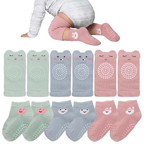 Bocaoying 6 Pairs Non Slip Baby Knee Pads and Socks, Include 3 Pairs Baby Knee Pads for Crawling and 3 Pairs Cute Animal Socks with Gripper for Infant Toddler Boy Girl Crawling and Walking