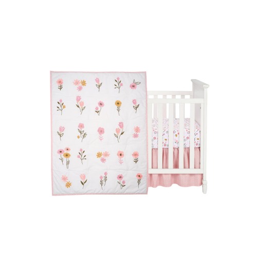 Little Garden 3-Piece Embroidered Floral Baby Crib Bedding Set