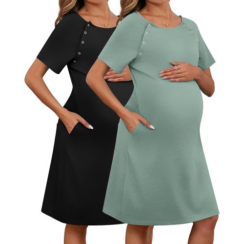 Huukeay 2 Pack Labor Delivery Nursing Hospital Gown Women's 35% Cotton Maternity Birthing Dress 3 In1 Breastfeeding Pajamas