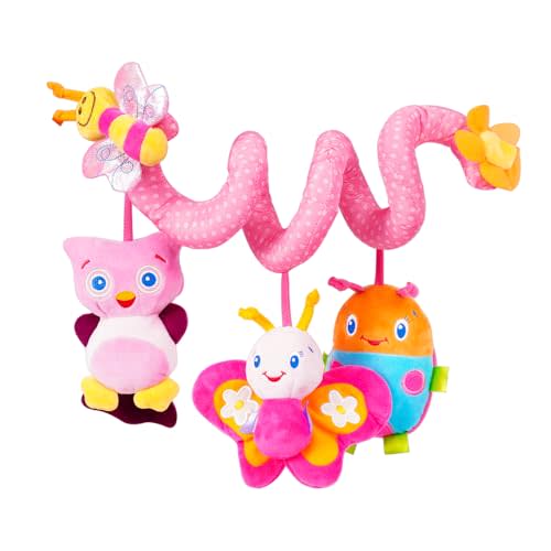Jollybaby Crib Stroller Car Seat Spiral Hanging Toys for Baby - Pink | Sensory Activity Hanging Toy for 0-12 Month Newborn with Music Box, Musical Carseat Mobile Plush Toy Gift for Infant Boy Girl