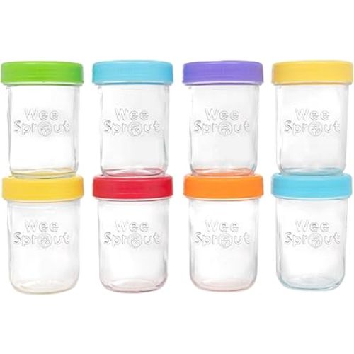 WeeSprout Glass Baby Food Storage Jars w/Lids (8 oz, 8 Pack Set) Snack, Puree, Reusable Small Containers, Breast Milk, Fridge or Freezer, Microwave & Dishwasher Safe, Essential Must Have for Infants