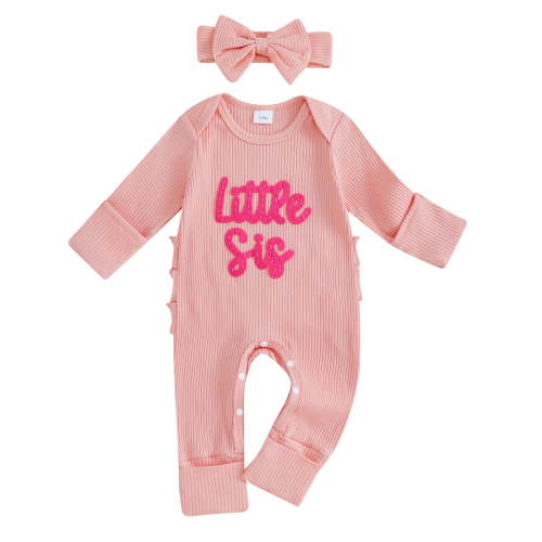 BemeyourBBs Newborn Baby Girl Lilttle Sister Outfit Lil Sis Romper Long Sleeve Embroidery Letters Jumpsuit with Headband Cute Infant Spring Fall Winter Clothes