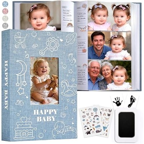 Baby Photo Album 4x6 300 Pockets with Memo Area, Photo Stickers & Hand and Footprint Kit, Linen Cover Baby Memory Book with Front Window, First Year Keepsake for Newborn Boy Girl