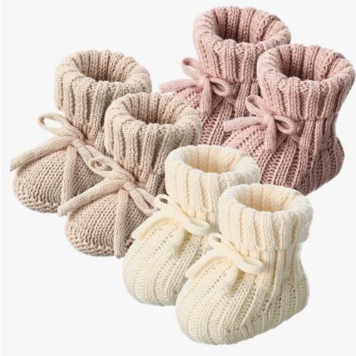 Evervibe 3 Pairs Knitted Baby Booties 0-6 Months Newborn Baby Shoes First Walkers Cozy Shoes for Infant Girl Boy