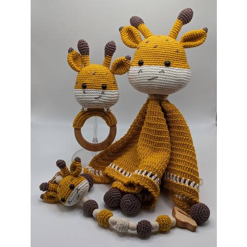 Handmade Crochet Giraffe Baby Gift Set – Organic Cotton Lovey, Rattle & Pacifier Clip