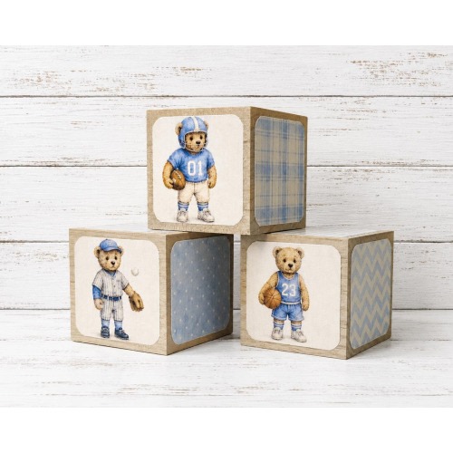 Vintage Sports Teddy Bear Wooden Baby Blocks | Football Baseball Basketball Nursery Decor | Baby Boy Shower Gift | Personalized Wood Blocks