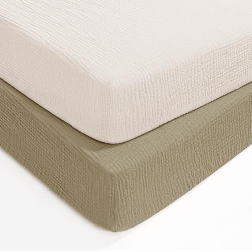 lulumoon Baby Crib Sheets Muslin: Soft Cotton for Baby's Cozy Sleep | Breathable Keeps Baby Cool and Dry All Night - Fitted for Standard Crib - Neutral for Boys and Girls 52x28 inch 2Pack