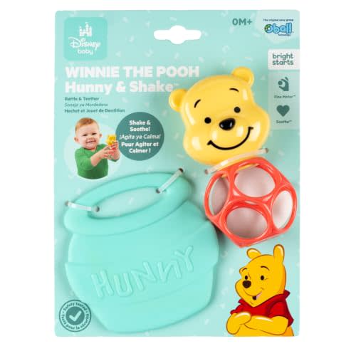 Bright Starts Disney Baby Winnie The Pooh Hunny & Shake Rattle & Teether, Stroller Toy for On The Go, Newborns & Up