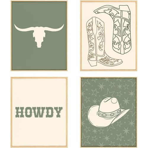BRRNYOI Sage Green Western Wall Art Posters Set of 4, Cowboy Nursery Decor, Western Cow Skull Cowboy Hat Boots Canvas Prints Wall Decor for Boys Bedroom Home Living Room, 8x10 Unframed