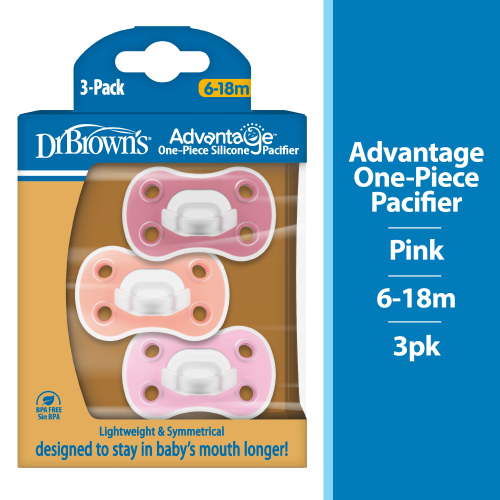 Dr. Brown's Advantage One-Piece Silicone Baby Pacifier, Fully Symmetrical Soother, Coral/Light Pink/Pink, 6-18m, BPA Free, 3-Pack