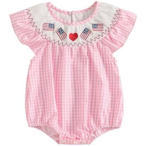 woshilaocai Fourth of July Smocked Bubble Romper Baby Girl American Flag Gingham Bodysuit Summer Baby Outfit