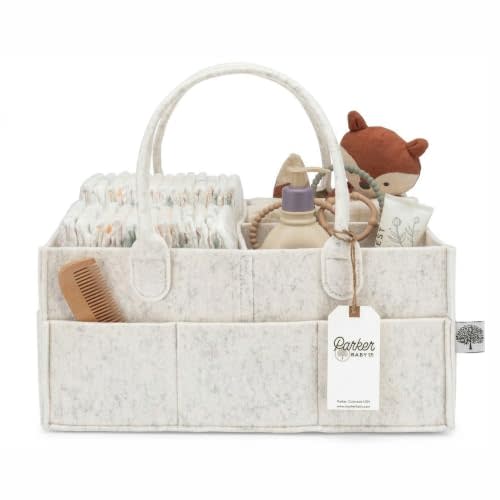 Parker Baby Co. Felt Diaper Caddy Organizer - Large, White | Portable nursery storage bin for diapers, wipes, bottles & baby essentials for home/car. Soft felt, foldable design 13x9x7"