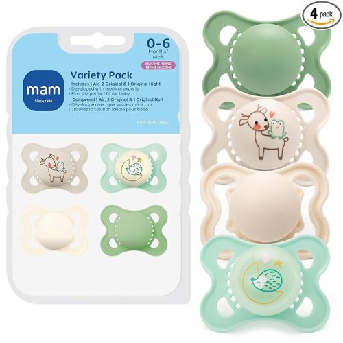 MAM Variety Pack Baby Pacifier, Includes 3 Types of Pacifiers, Nipple Shape is Developed with Dentists, 0-6 Months, Unisex, 4 Count (Pack of 1)