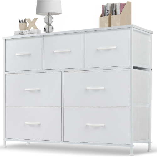 7 Drawer Dresser, Wide Chest Of Drawers Nightstand Storage Tower Storage Dresser Fabric Dresser With Wood Top for Living Room, Bedroom, Hallway, , White