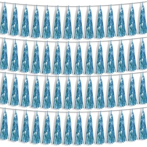 4P Light Blue Foil Fringe Metallic Streamers Banner Tassel Garland for Parade Floats, Bachelorette, Wedding, Birthday, Halloween, Christmas, Bridal/Baby Shower Party Decorations