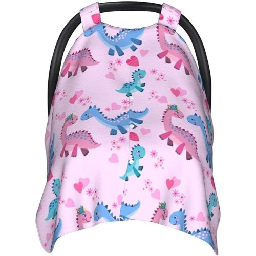 Cute Pink and Blue Dinosaur Baby Car Seat Canopy and Nursing Cover for Breastfeeding Multi-Use Cover Lightweight Infant Stretchy Carrier Carseat Winter Cover for Newborn Girls Boys
