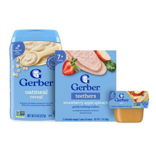 Gerber Baby Food with Oatmeal Cereal, Apple Puree + 12ct Strawberry Apple Spinach Teething Wafers Baby Snack