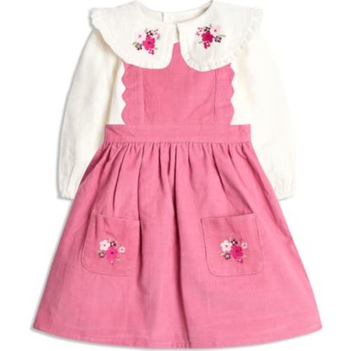 Embroidered Cotton Shirt & Corduroy Pinafore Dress Set